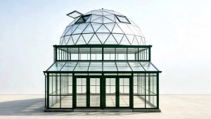 Completed glazed geodesic dome sunroom with double-layer structure and skylights